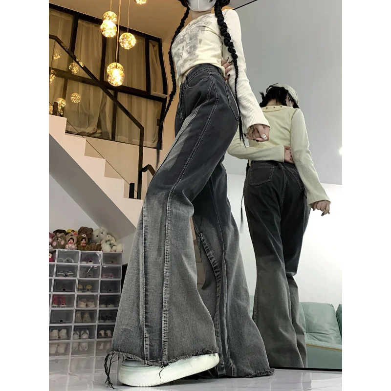 New Spring and Autumn Splicing Black and Gray Tie-dye Washing Jeans Women's Design Breasted Versatile Flared Trousers