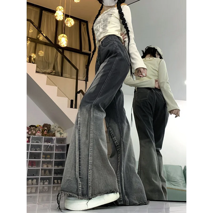 New Spring and Autumn Splicing Black and Gray Tie-dye Washing Jeans Women's Design Breasted Versatile Flared Trousers