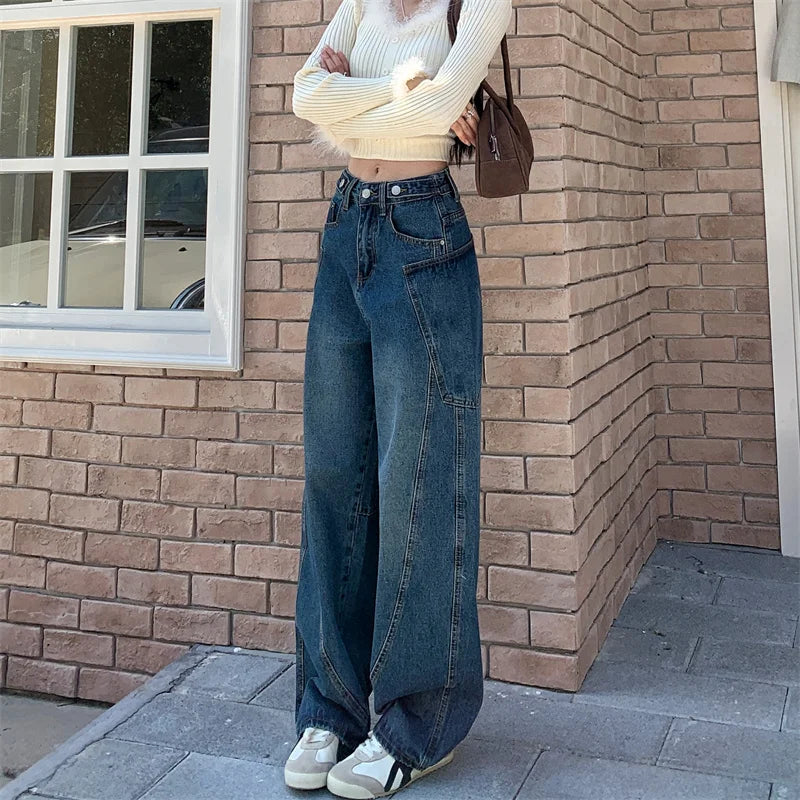 2025 Trend Women's Y2K Jeans Contour Line High Waist Denim Pants Navy Wide Leg Vintage Drag Trousers 2599