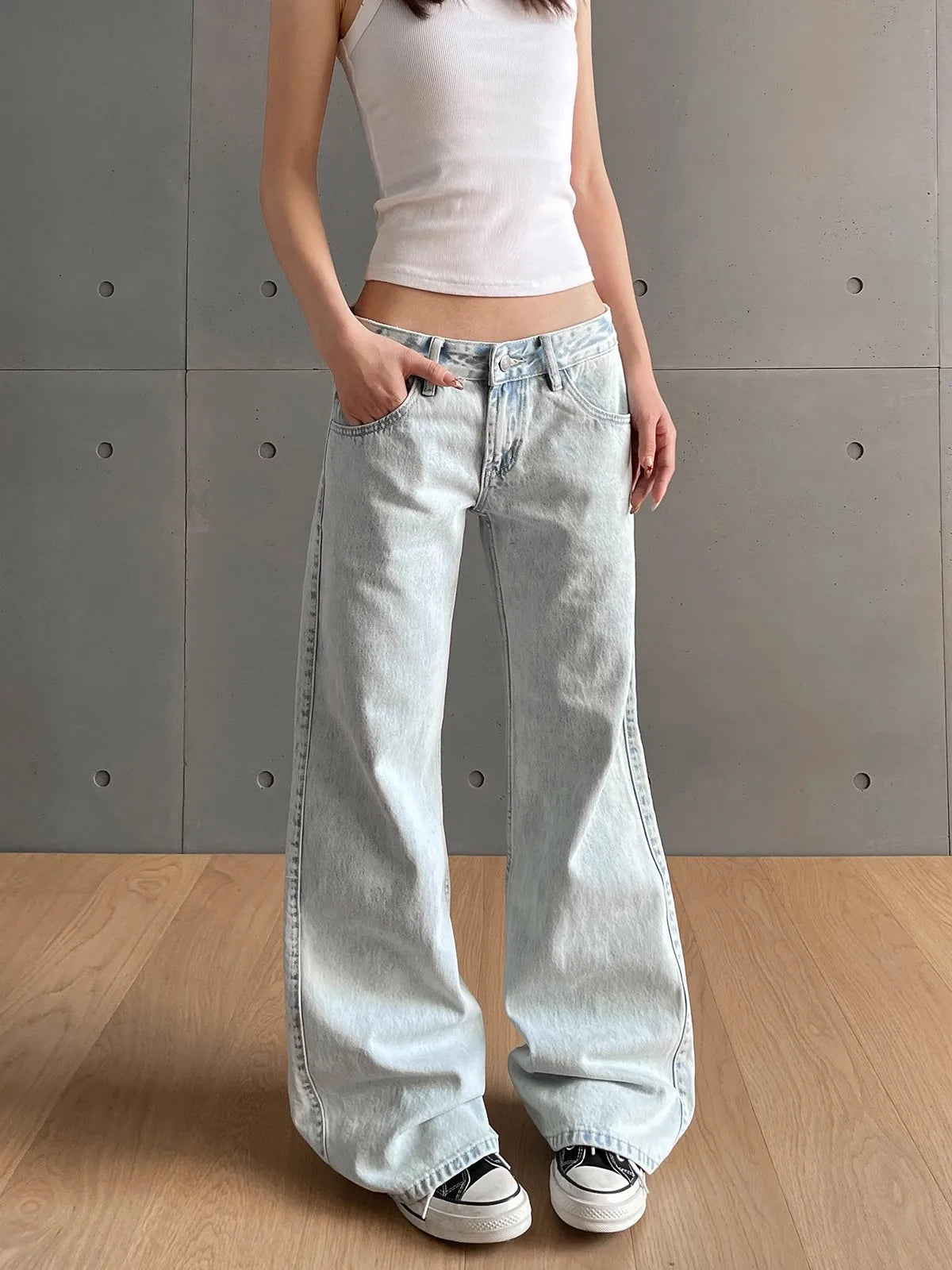 y2k Vintage Women Jeans Low Waist Zipper Button Solid Trousers with Pockets Aesthetic Streetwear Washed Jeans