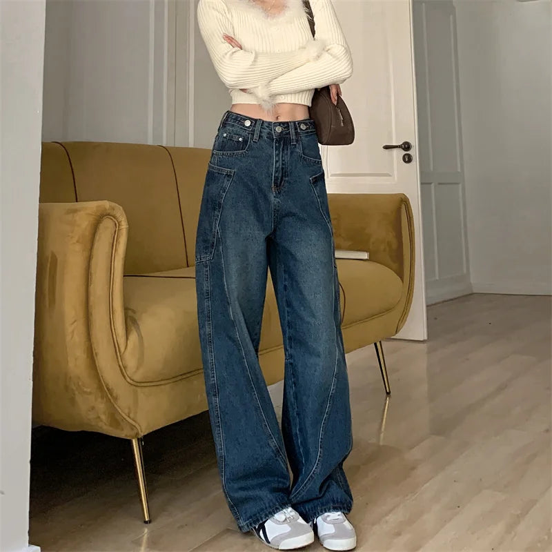 2025 Trend Women's Y2K Jeans Contour Line High Waist Denim Pants Navy Wide Leg Vintage Drag Trousers 2599